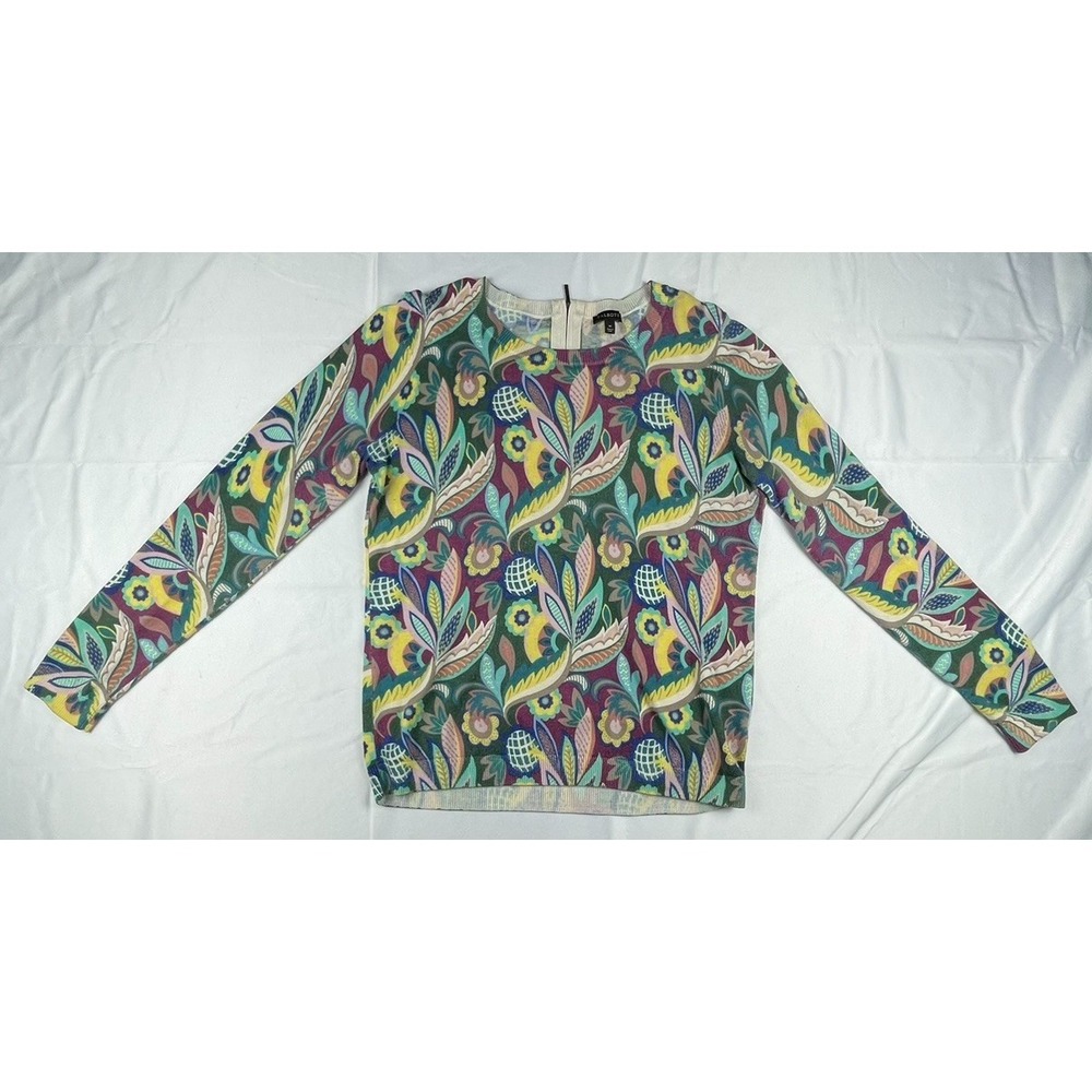 TALBOTS WOMEN MEDIUM COLORFUL PAISLEY FLORAL‎ SWEATER CREW NECK LONG SLEEVE BACK